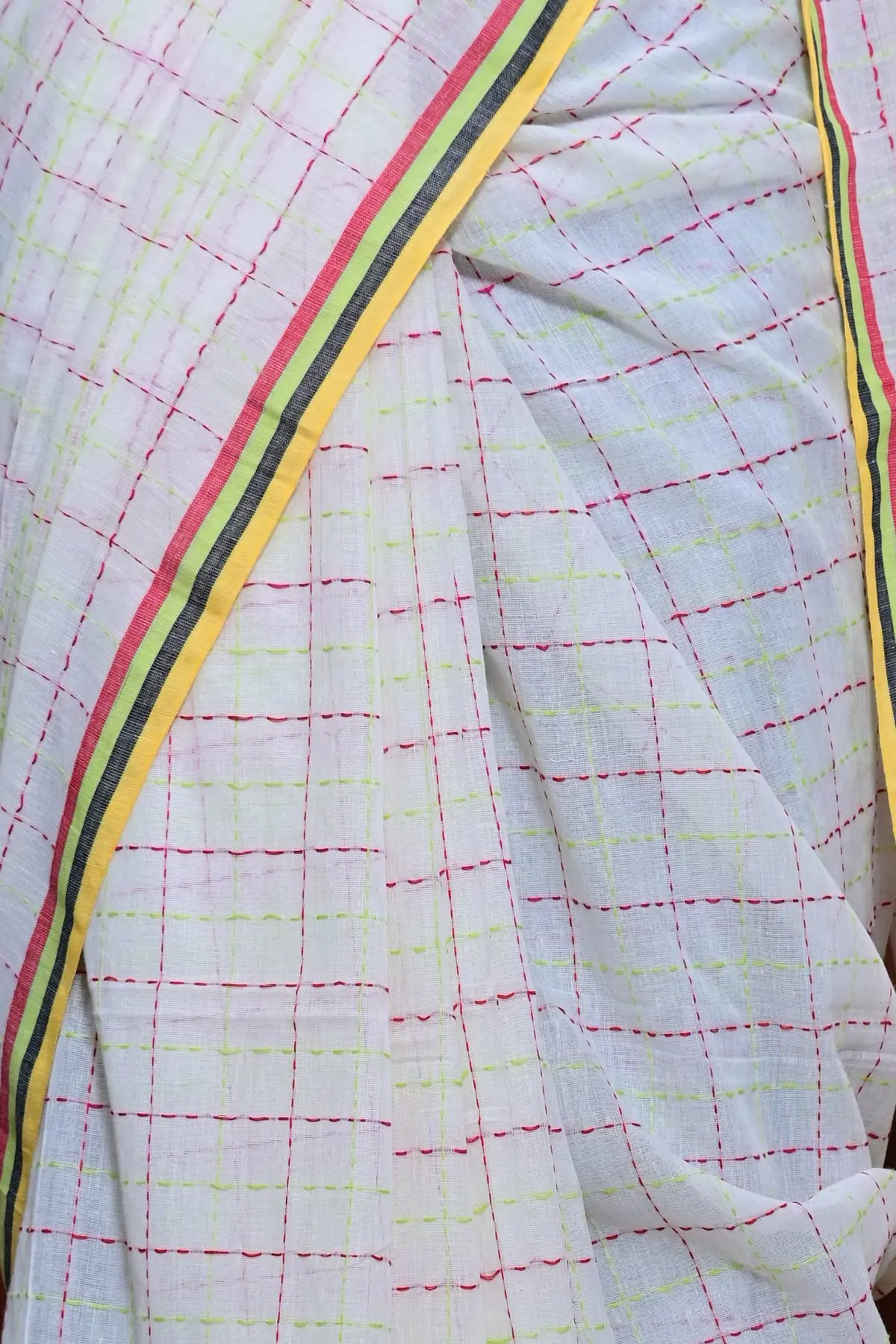 White cotton saree with pink and lime checks, border