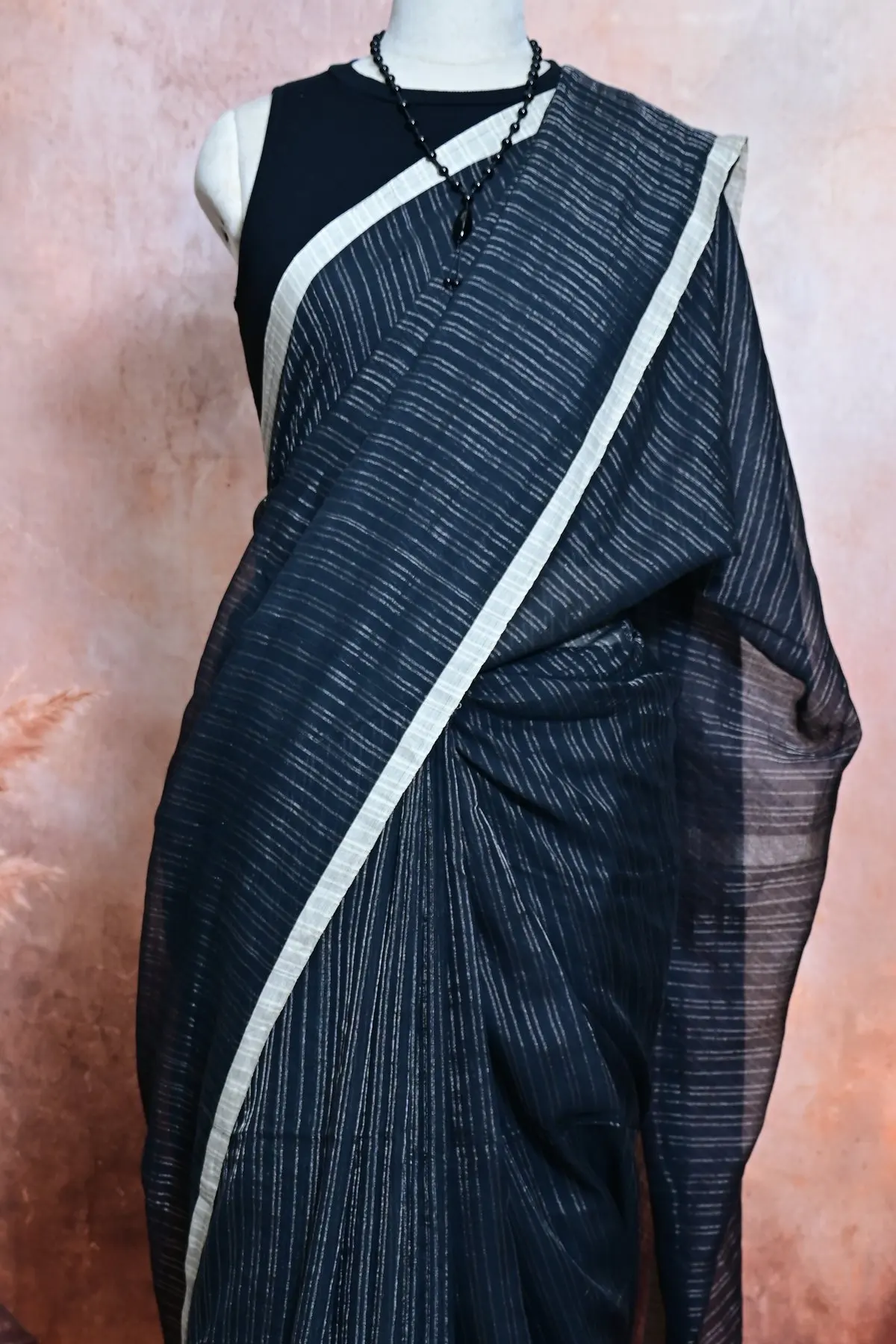 Blue-black cotton saree with silver pinstripes, 3/4 view