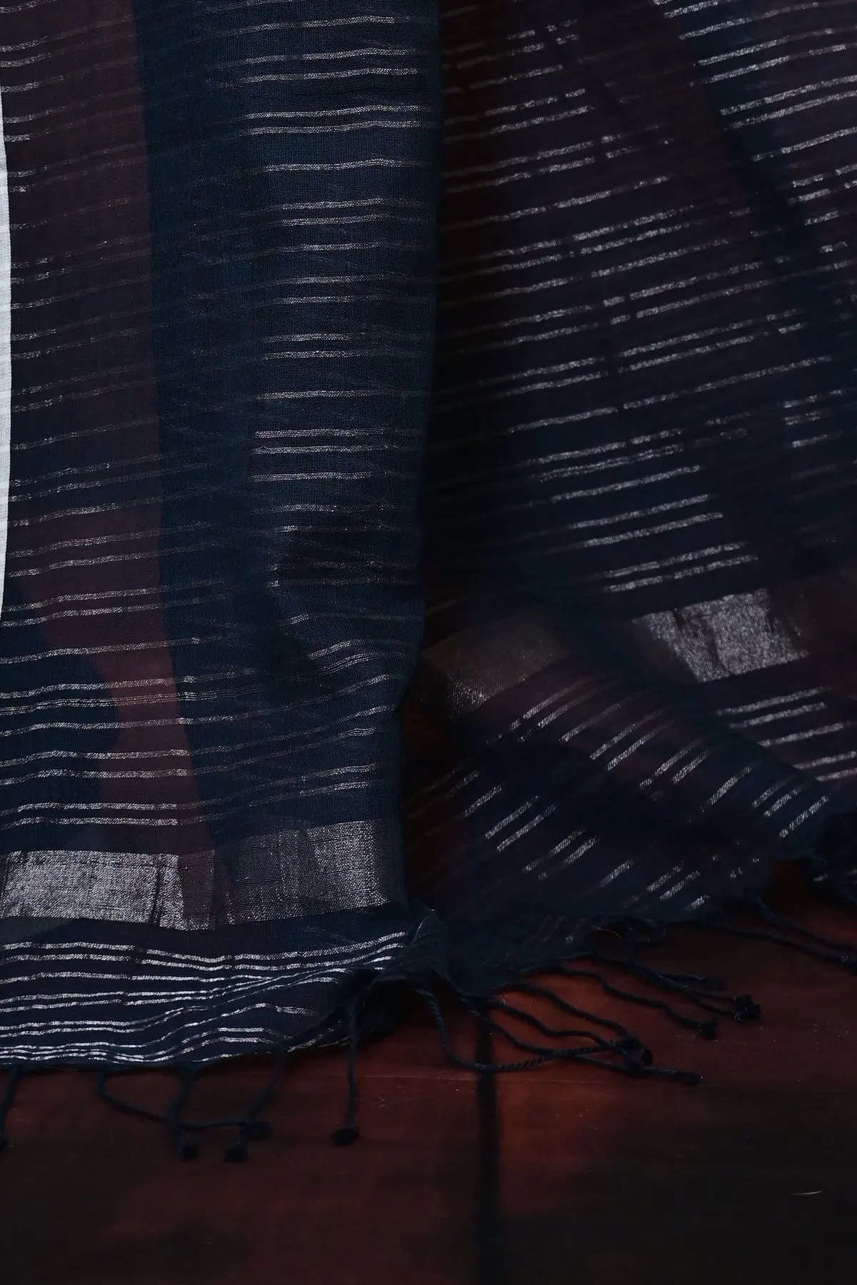 Blue-black cotton saree with silver pinstripes, pallu