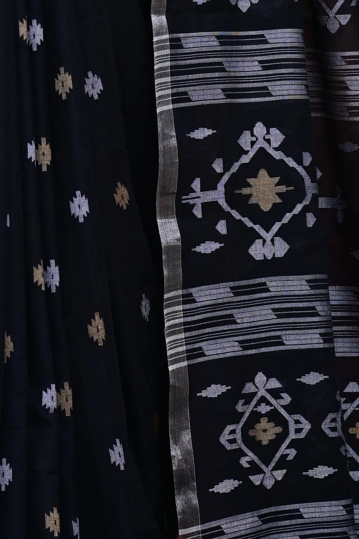 Black cotton saree with silver and gold temple border, pallu