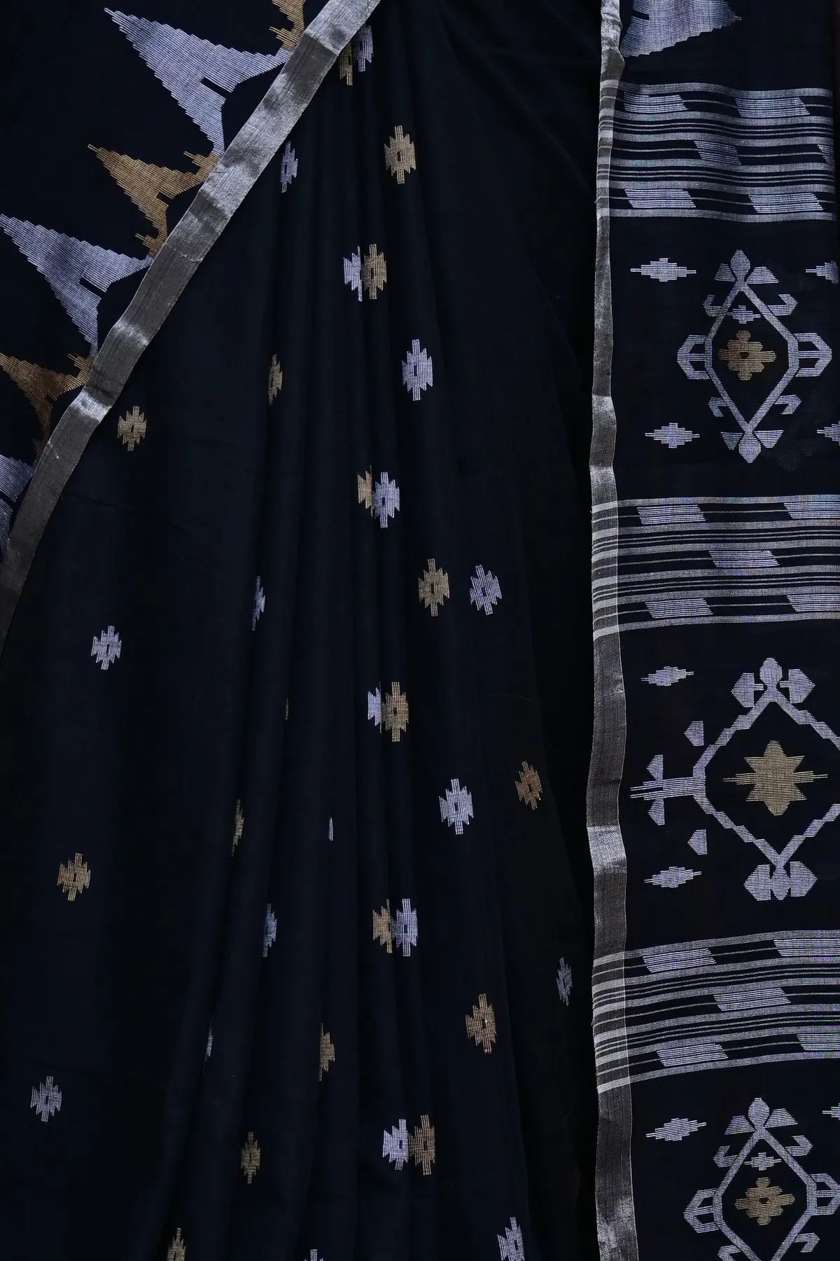 Black cotton saree with silver and gold temple border, overall view