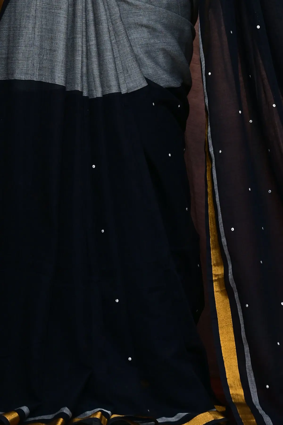 Grey and black cotton saree with gold striped border, overall view