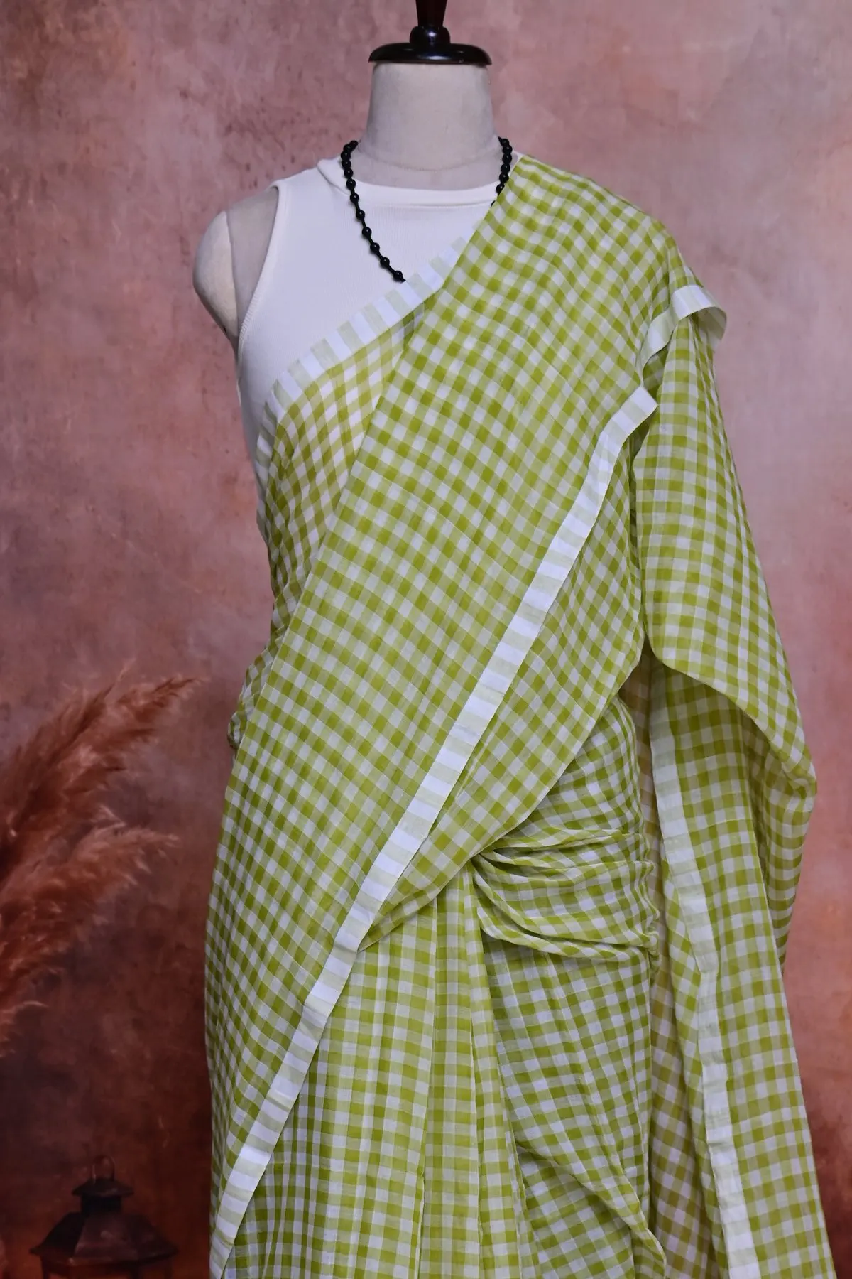 Lime green gingham cotton saree, 3/4 view