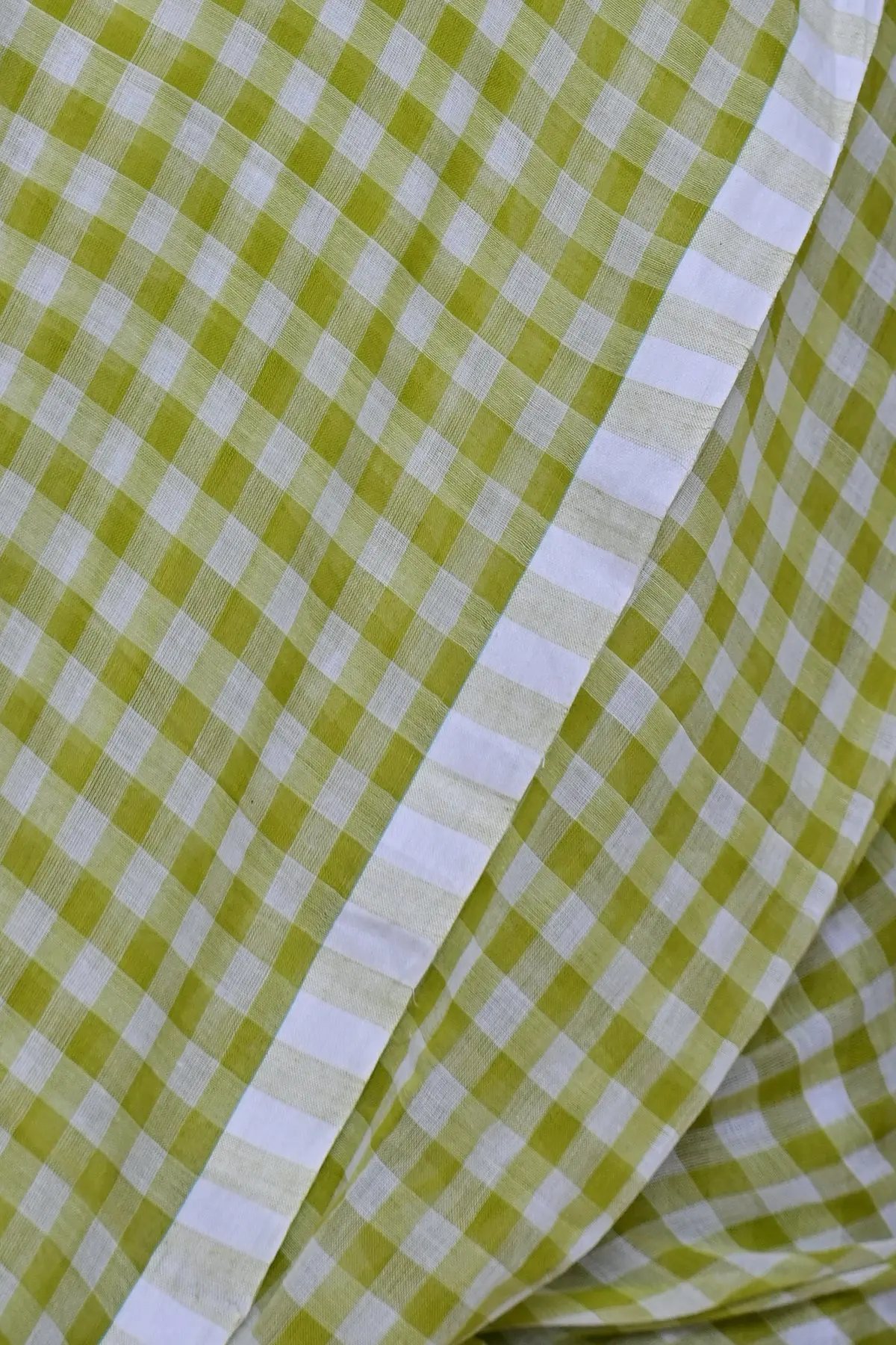 Lime green gingham cotton saree, border