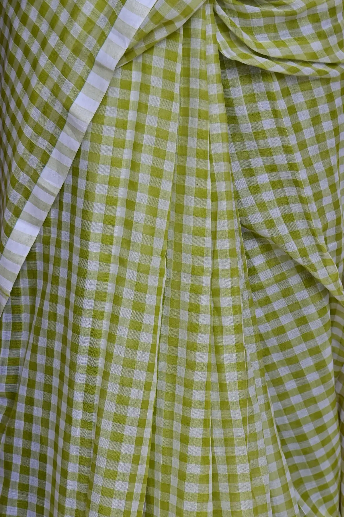 Lime green gingham cotton saree, overall view