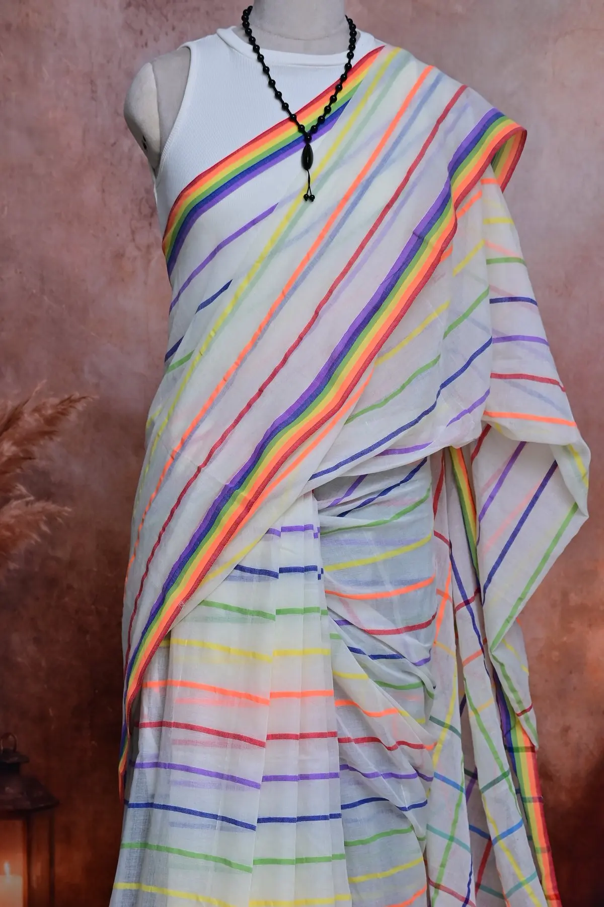 White cotton saree with rainbow stripes, 3/4 view