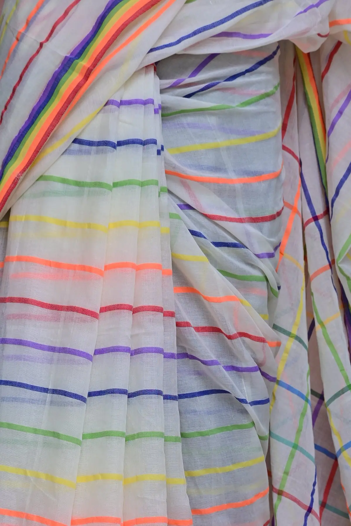 White cotton saree with rainbow stripes, overall view
