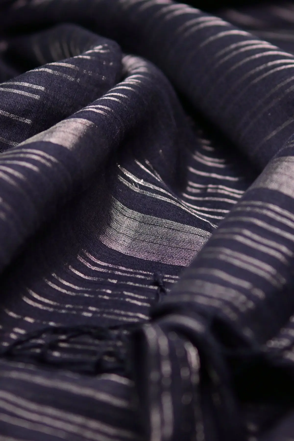 Navy cotton saree with silver-toned stripes, pallu