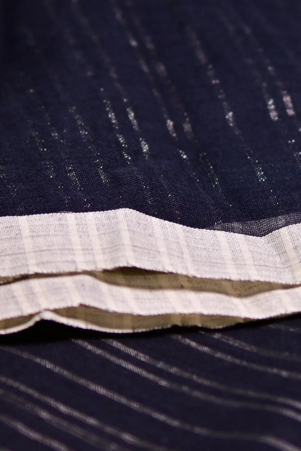 Navy cotton saree with silver-toned stripes, border