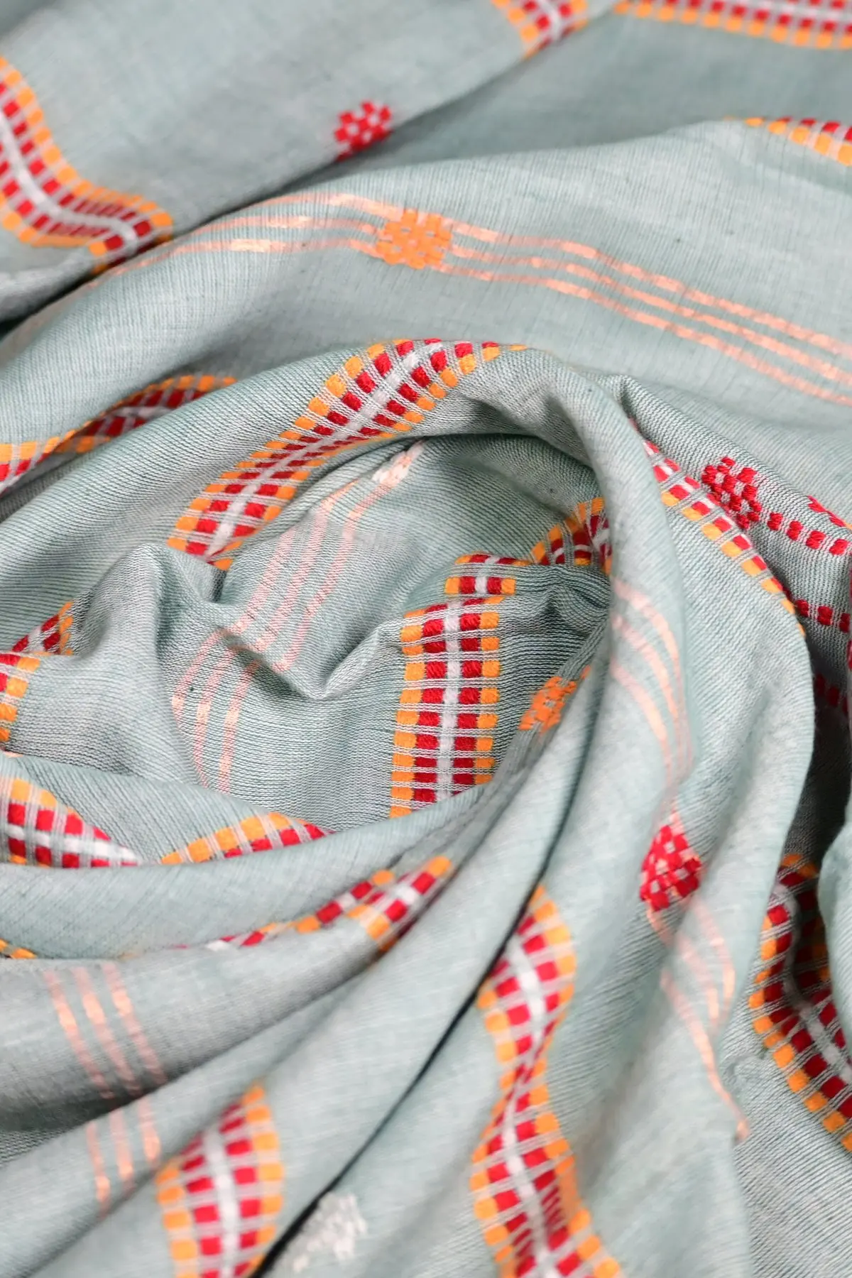 Sage cotton saree with red border and ladder stripes, texture