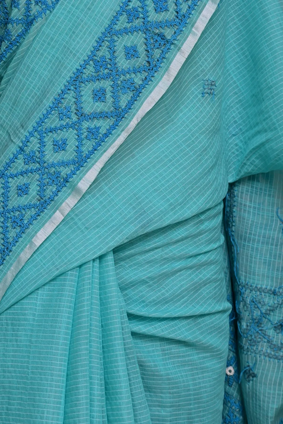 Aqua cotton saree with blue embroidered border, overall view