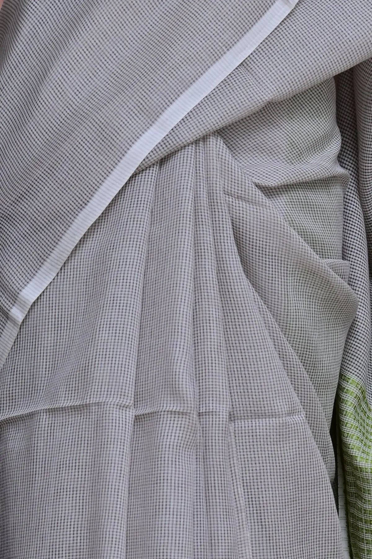 Grey cotton saree with green pallu, border