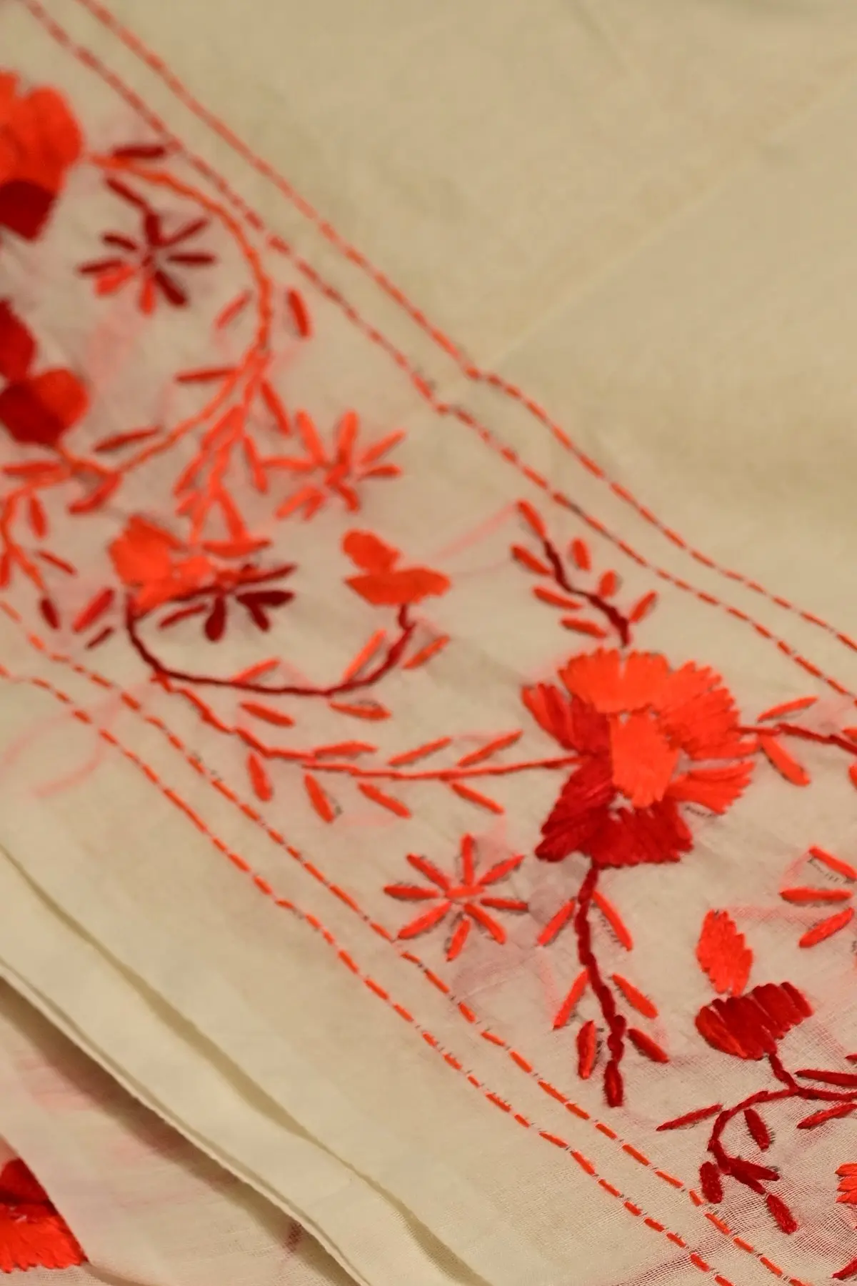 Ivory saree with red floral vine embroidery, border