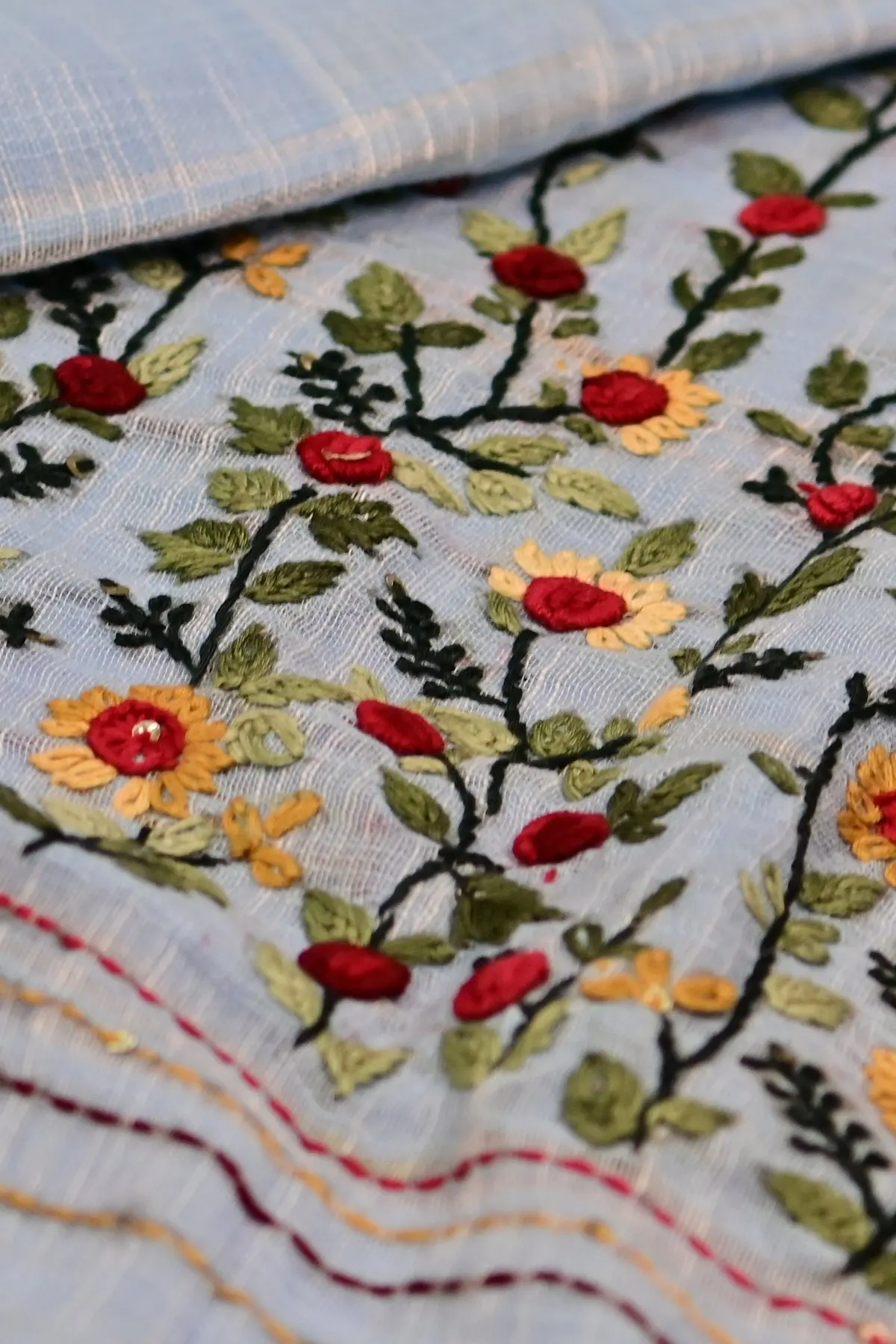 Pale blue linen saree with floral embroidery, pallu