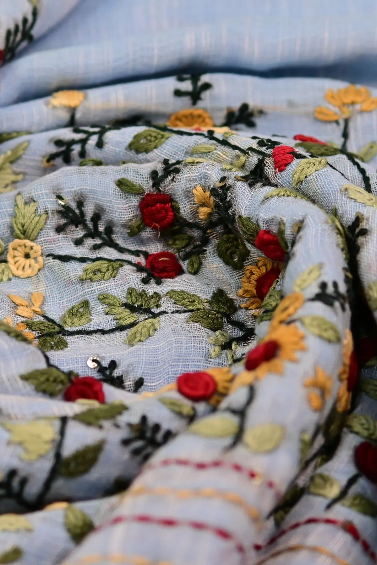 Pale blue linen saree with floral embroidery, texture